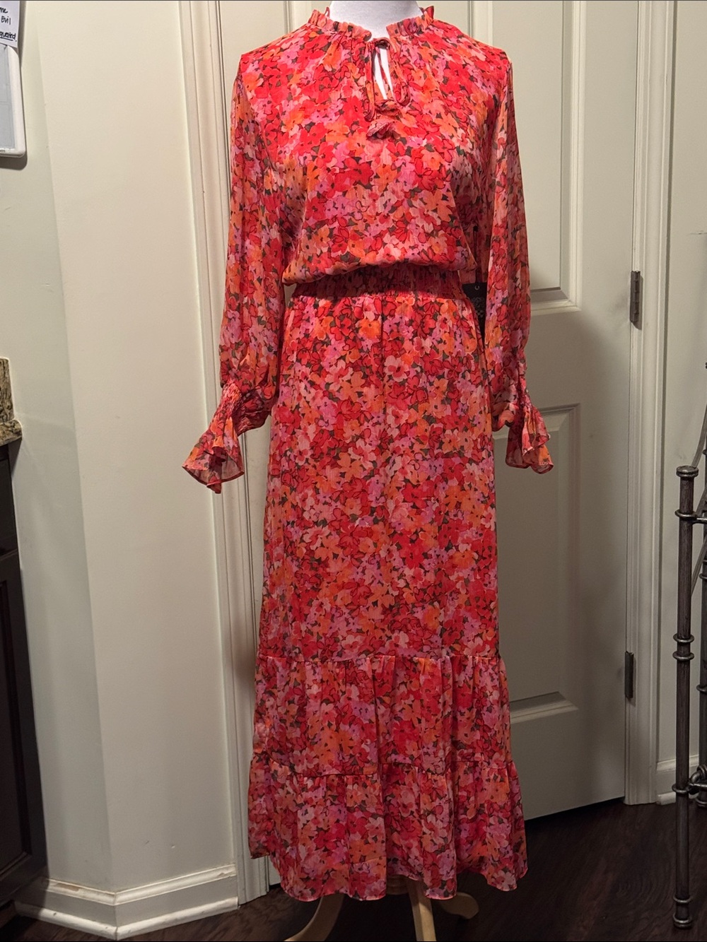 Vince Camuto Coral Pink Floral Tiered Maxi Dress